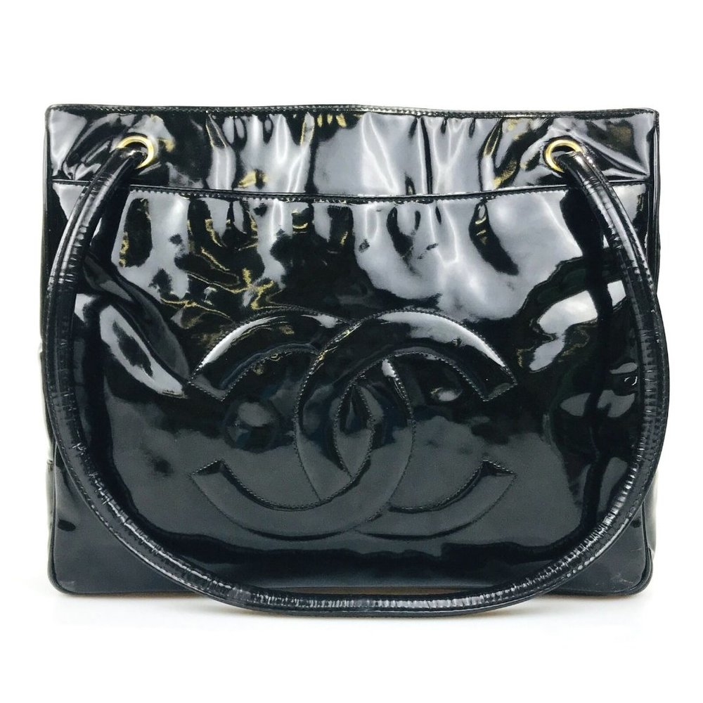 CHANEL Bag Hand Bag Tote Bag Patent Leather Black Authentic